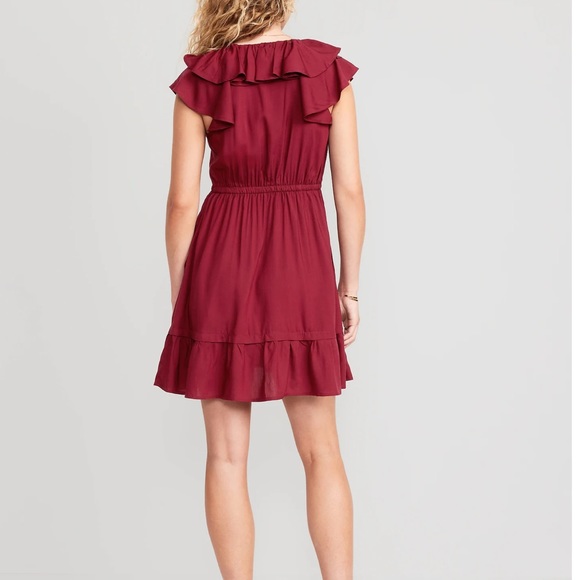 NWT OLD NAVY Waist-Defined Ruffle-Trim Mini Dress Color: Red Red Wine - Picture 2 of 8